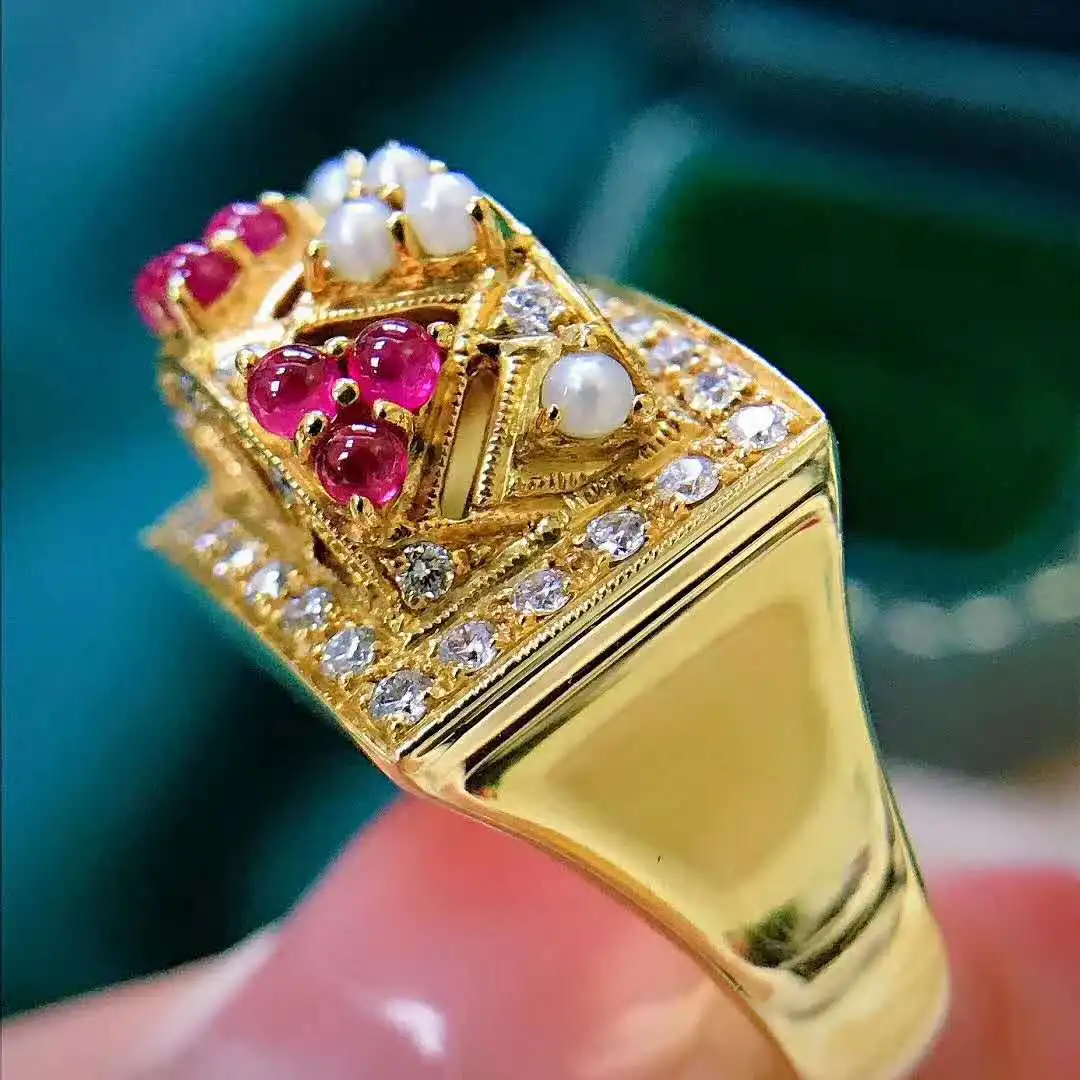 

Luxury Gold Plated Double Layer Crown Ring Red White Gems Crystal Cocktail Party Women's Ring Wedding Jewelry Lady Lover's Gifts