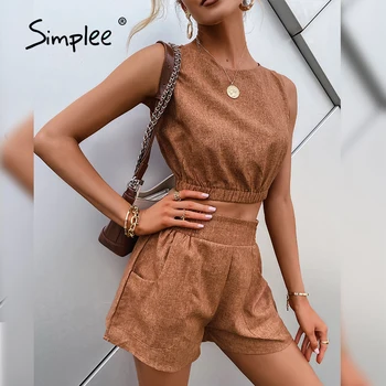 Simplee Casual Brown Women's Two-piece Suits High Street Solid Sleeveless Short Top Shorts Sets Summer Office Ladies Suits 2021 1