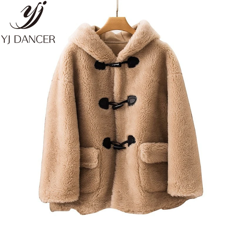 Специальная цена, повседневное плотное пальто с мехом, Женское пальто из овечьей шерсти с искусственным мехом, Свободное пальто с капюшоном из искусственного меха для женщин ZZZ068