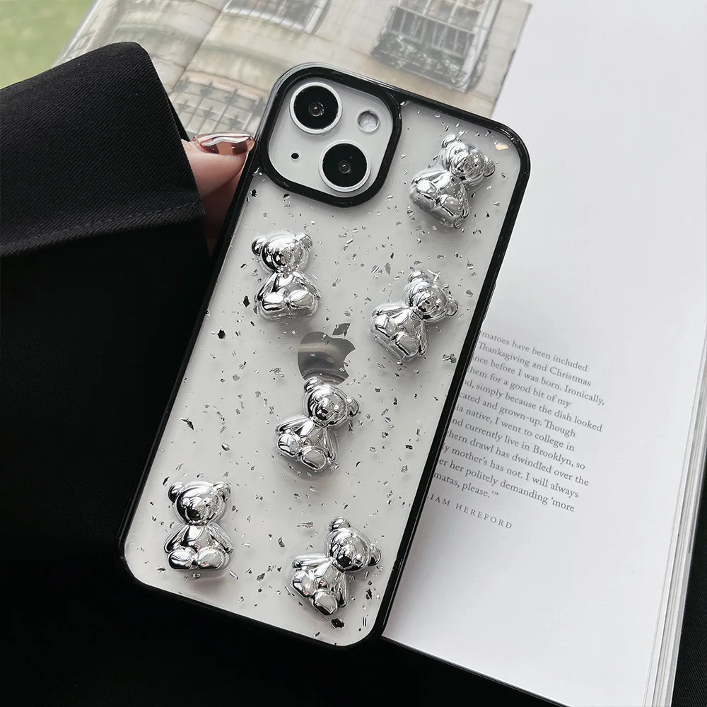 Retro kawaii silver foil bear transparent Phone Case For iPhone 13 11 12 Pro Max Xs Max XR 7 8 Plus X 7Plus case Cute Soft Cover
