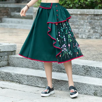 

KYQIAO Mexico style ethnic BLACK GREEN embroidery ruffled midi skirt women autumn original skirt clothes women