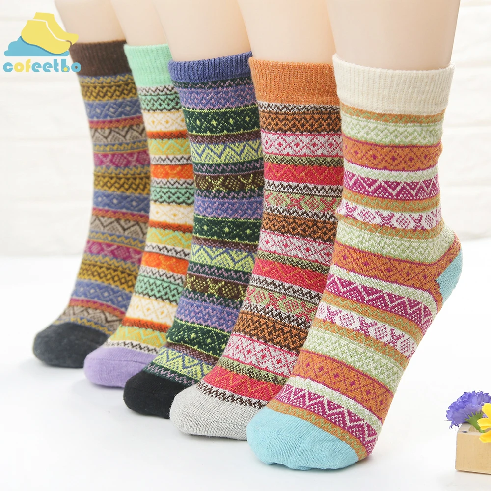 5 пар/компл. теплые Повседневное спортивные носки для Для женщин зимнее толстое шерстяное Для женщин носки для девочек в этническом стиле многоцветные полосатые мягкая одежда; Новинка