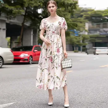 

Xiaomoli Fashionable lily series printed short sleeve open back waist cool dress 2020 summer new fashion