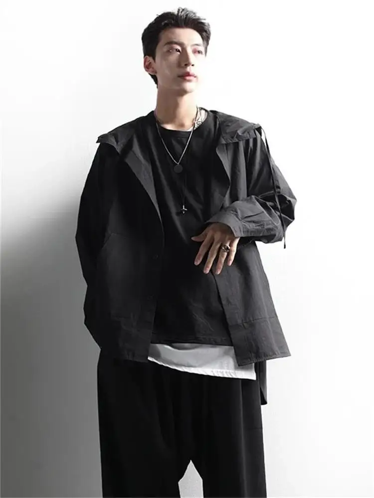 

Men's Long-Sleeve Hooded Shirt Spring And Autumn New Personality Front Section After Long Design Leisure Loose Large Size Jacket