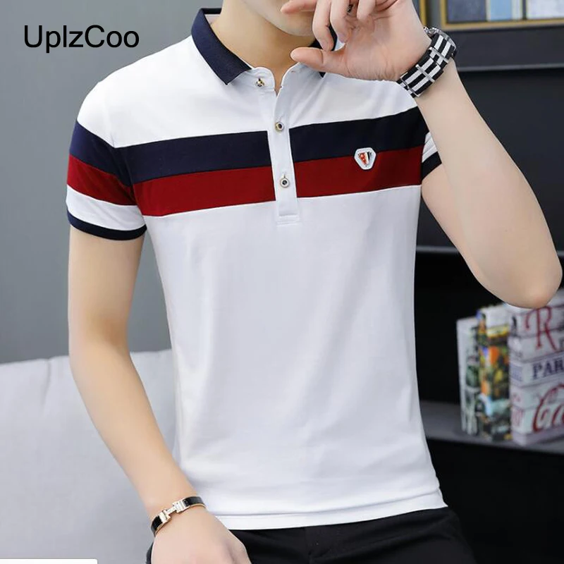 

UplzCoo Men's PoLo Shirt Summer Trend Short-sleeved Tees Contrast Color Cotton Casual Breathable Slim Fit Male Shirt 3XL FM225