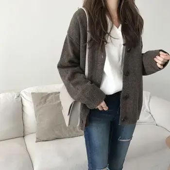 

Korean Preppy Style V Neck Oversized Sweater Button Loose Cotton Knitted Sweater Fall Single-Breasted Casual Cardigan