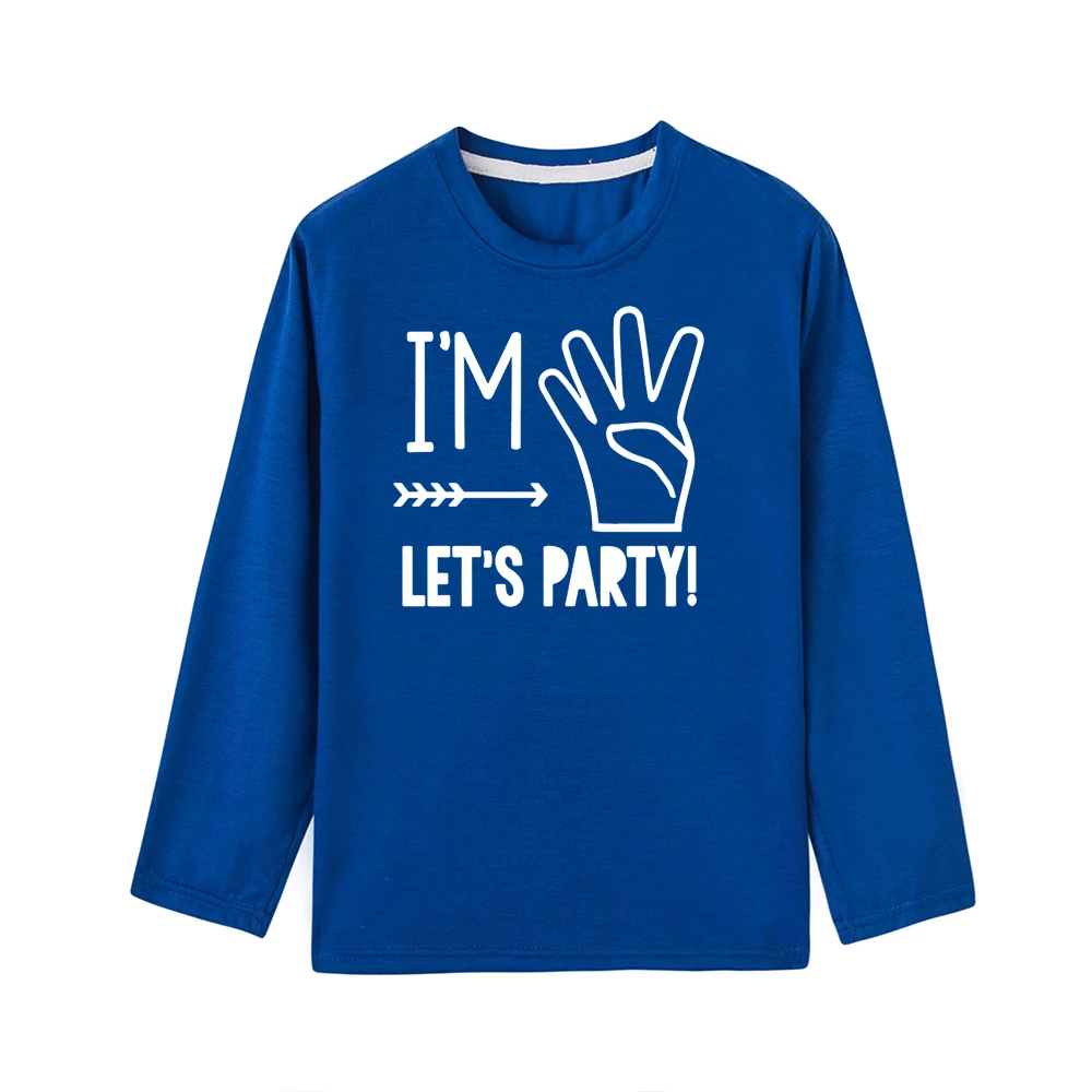 Детские вечерние футболки с принтом «I'm Four Let» футболка с длинными рукавами для маленьких мальчиков и девочек на день рождения 4 лет модная детская повседневная футболка - Цвет: 52E2-KLTBU-
