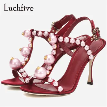 

Chic Fuschia T-strap Satin Sandals Luxurious Pearl Decor Designer Shoes Women's Formal Party Shoes Vacation High Heels Shoes