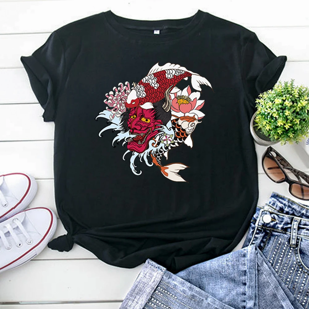 T-Shirt Womens Japanese Mask Koi Flower Printing Women Tshirt Round Neck Harajuku Tee Shirts Gothic Oversize T-Shirts For Woman