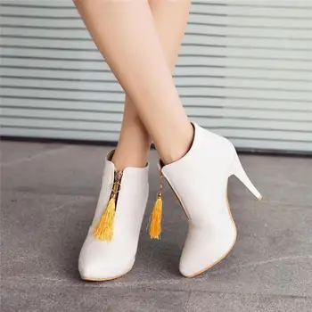 

XJRHXJR Winter Women Ankle Boots Platform High Heels Fringe Boots Pointed Toe Sexy Shoes Autumn Female Boot Plus Size 46 Yellow
