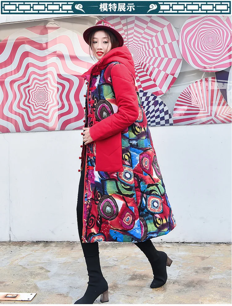 Vintage cotton and linen printed winter hooded women quilted thickening extended down cotton-padded jacket coat