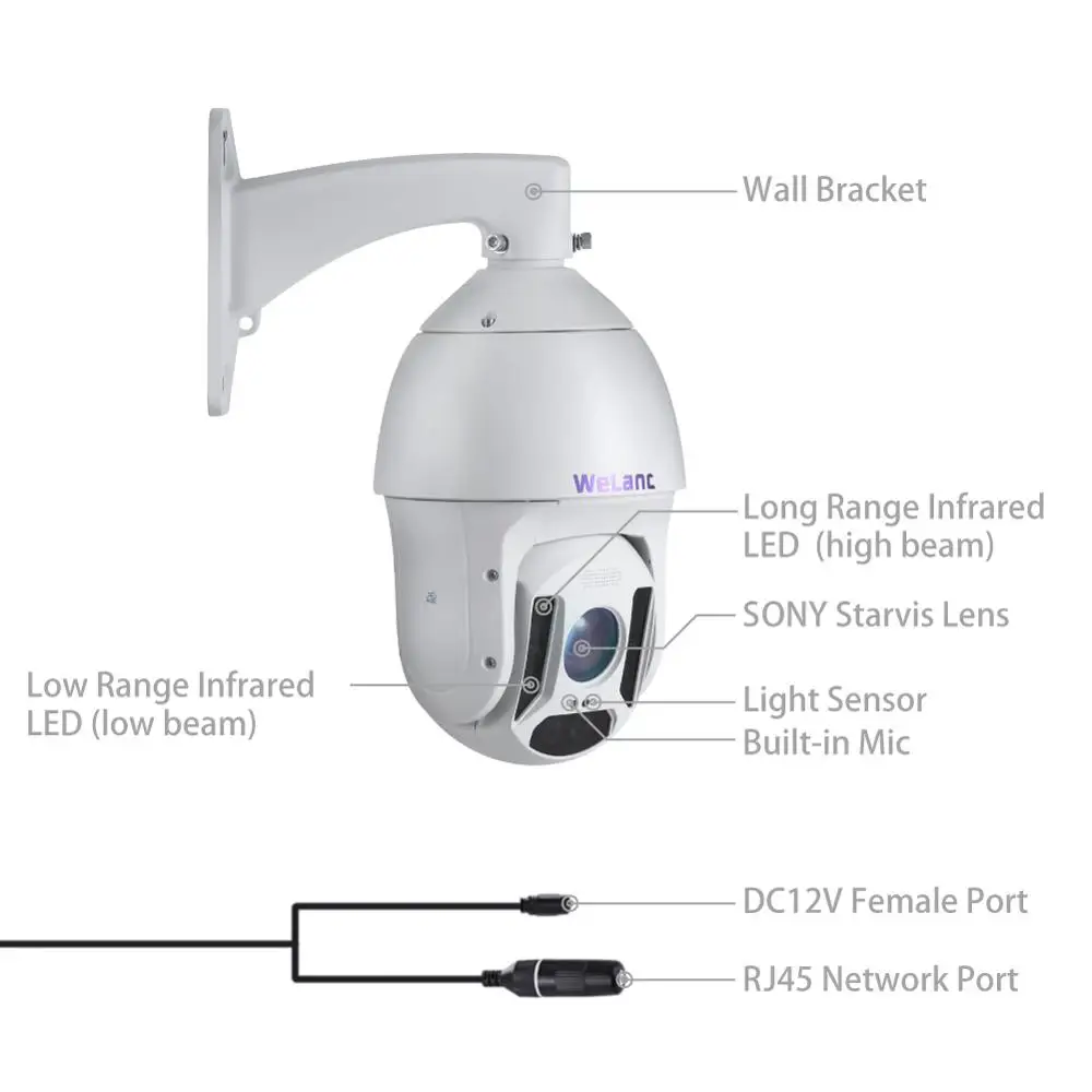 WeLanc Уличная умная PTZ IP камера, встроенный микрофон, PoE+ 1080p HD 20x оптический зум Starlight, ночное видение до 200м и ONVIF, P620