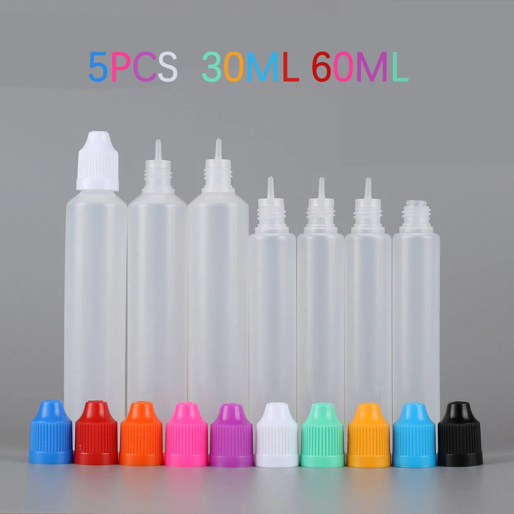 

5PCS 30ml/60ml New Plastic Long Dropper Bottles Empty Smoke Oil Containers Squeezable Juice Containers WithCaps Dropper+Funnel