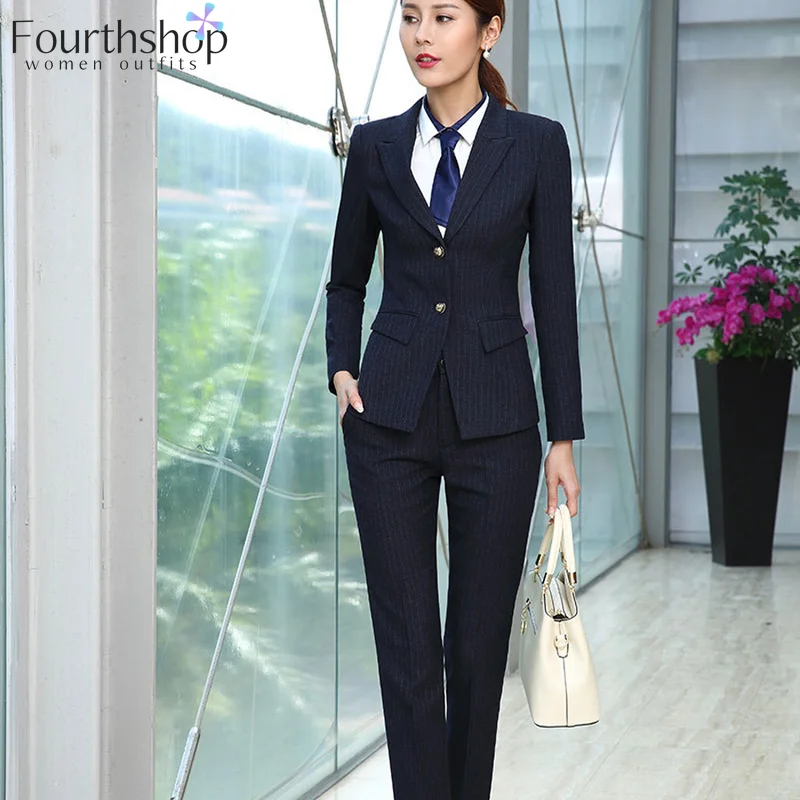 Модный полосатый формальный брючный костюм для женщин, комплект из 2 предметов, брюки, Блейзер, комплект для офисных леди, деловой костюм для работы, костюм для женщин