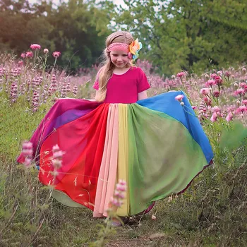 40# Dress Kids Girls Short Sleeve Rainbow Stitching Dress Dress Princess Dress Birthday Party Dresses Kids Clothes Girls 1