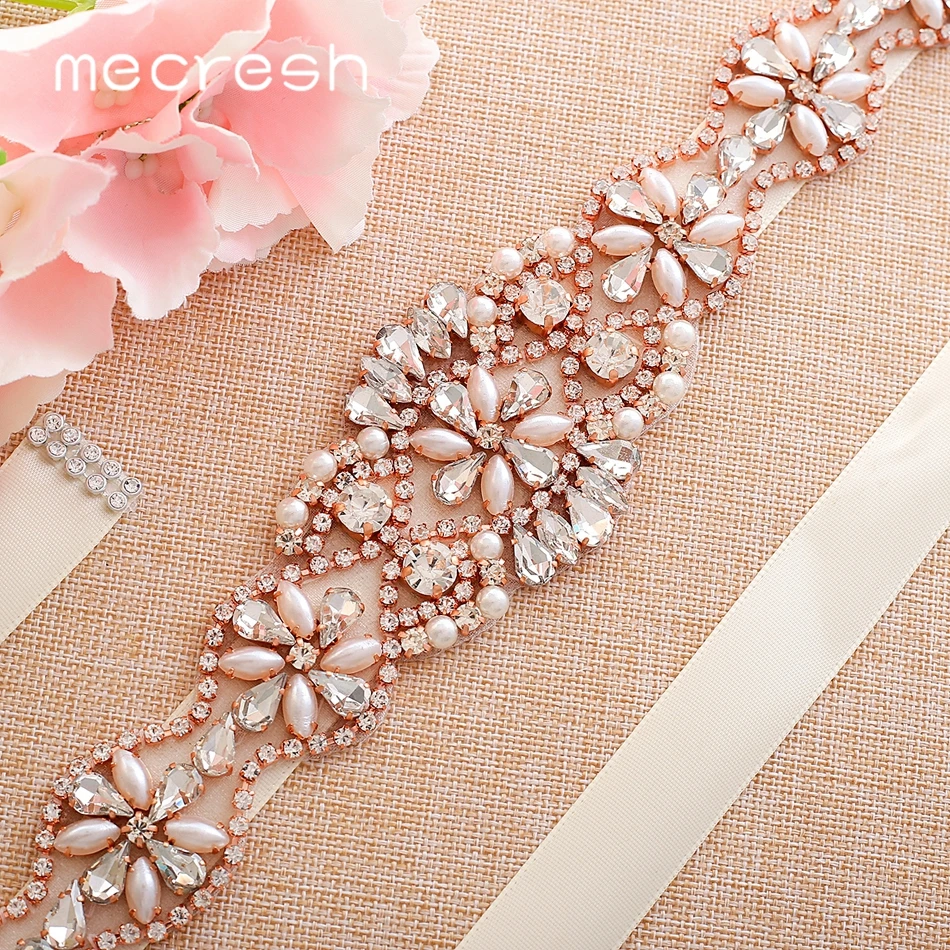 Mecresh розовое золото цвет имитация жемчуга и кристаллы для свадьбы свадебное платье пояс Ручной Работы Стразы в форме цветка пояс невесты MYD032