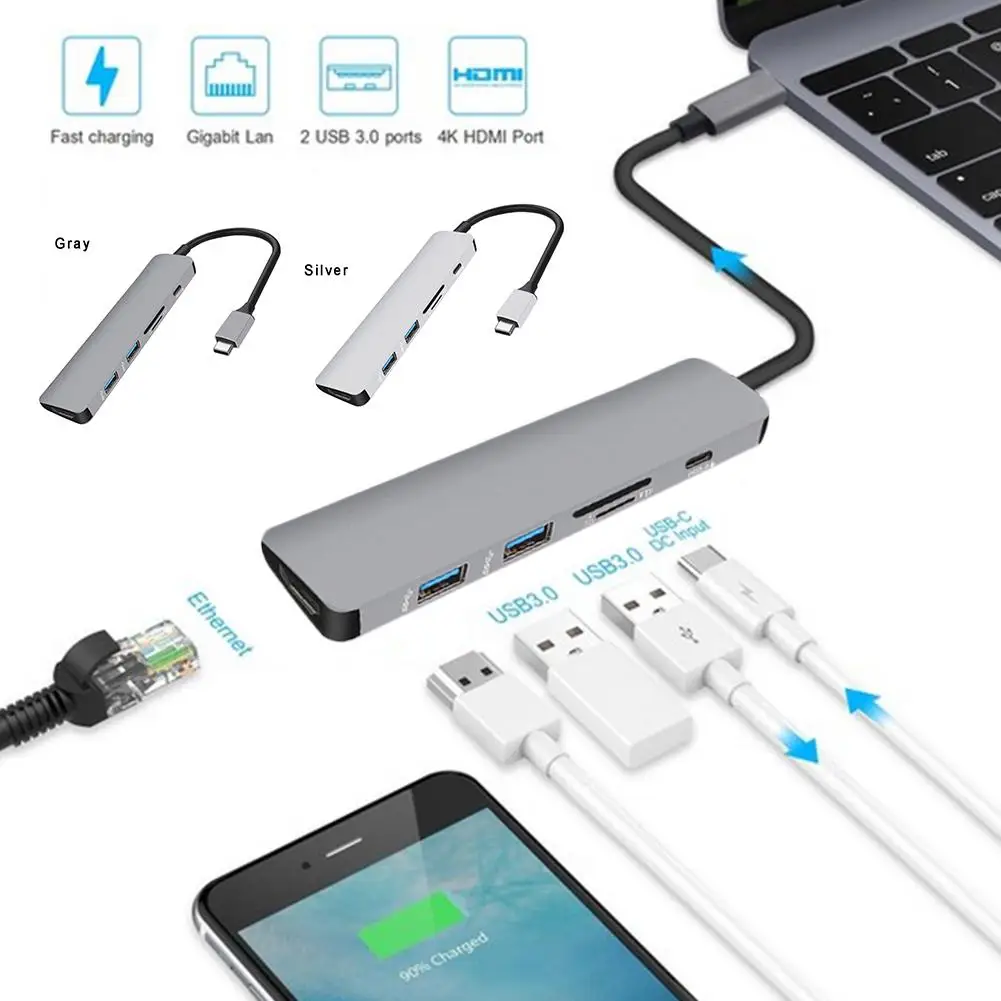 Многофункциональная док-станция type-C 6 в 1 с адаптером концентратора HDMI HD