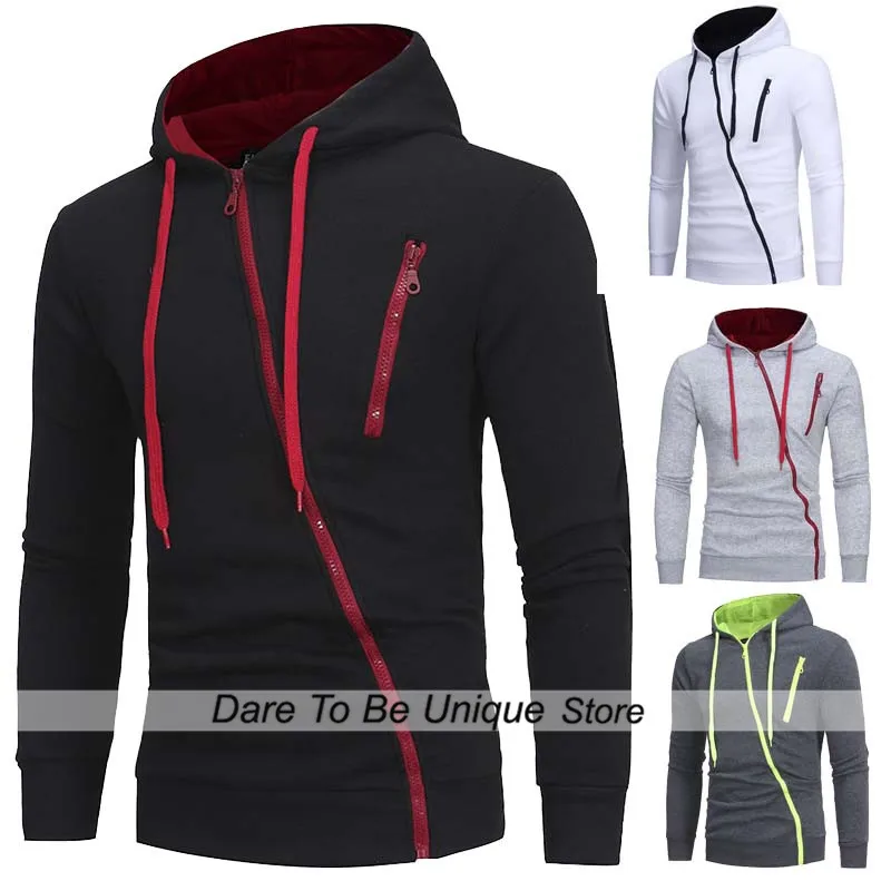 Mens Hoodies Diagonal Zipper Design Pure Color Long Sleeve Slim Hoodie Casual Hooded Sportswear Sweatshirts Men Streetwear Black