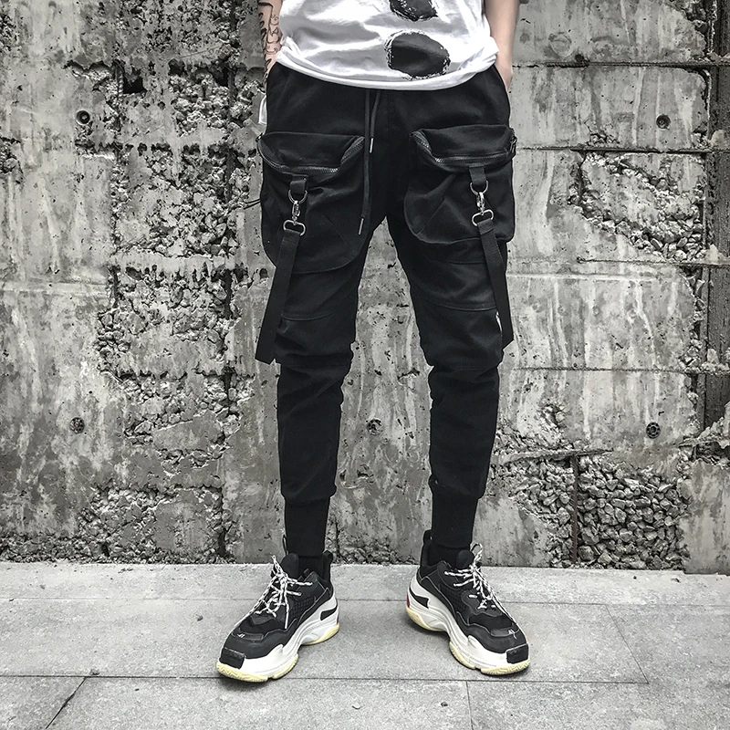 Новое поступление, обтягивающие Стильные черные мужские брюки-карандаш с лентой для бега, хип-хоп осенние мужские повседневные длинные брюки