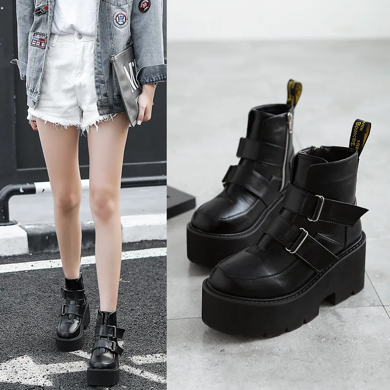 

2019 thick bottom round Martin boots side zipper thick with short Martin boots locomotive high to help women's shoes