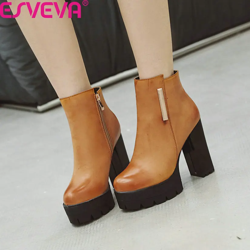 

ESVEVA 2020 Women Shoes Ankle Boots PU Square High Heel Round Toe Solid Zipper Fashion All Match Motorcycle Boot Size 34-43