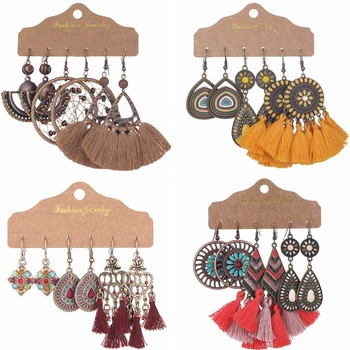 

3pair/set Bohemia Vintage Earring For Women Ethnic Style Handmade Thread Tassel Earrings Sets Boho Jewelry