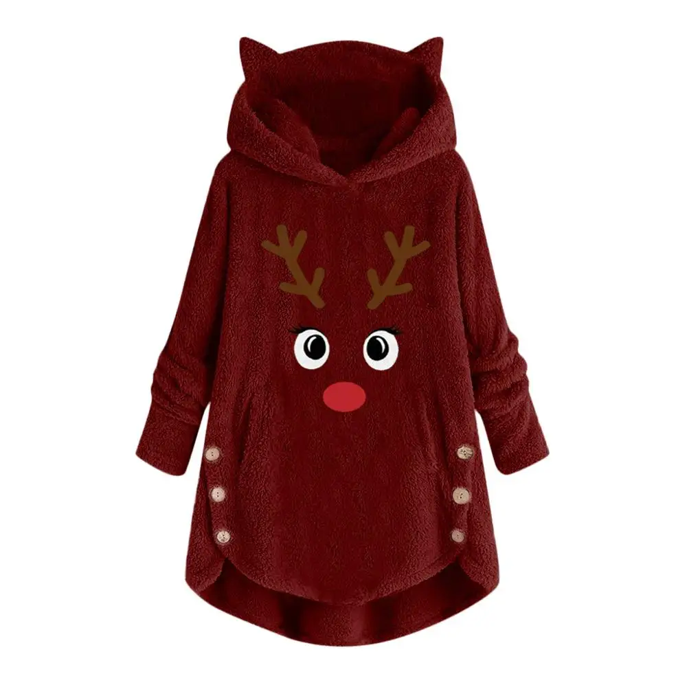 Модный женский свитер с капюшоном и кошачьими ушками, большой размер, длинный рукав, на пуговицах, теплый пуловер, рождественские повседневные топы, свитера - Цвет: Бургундия