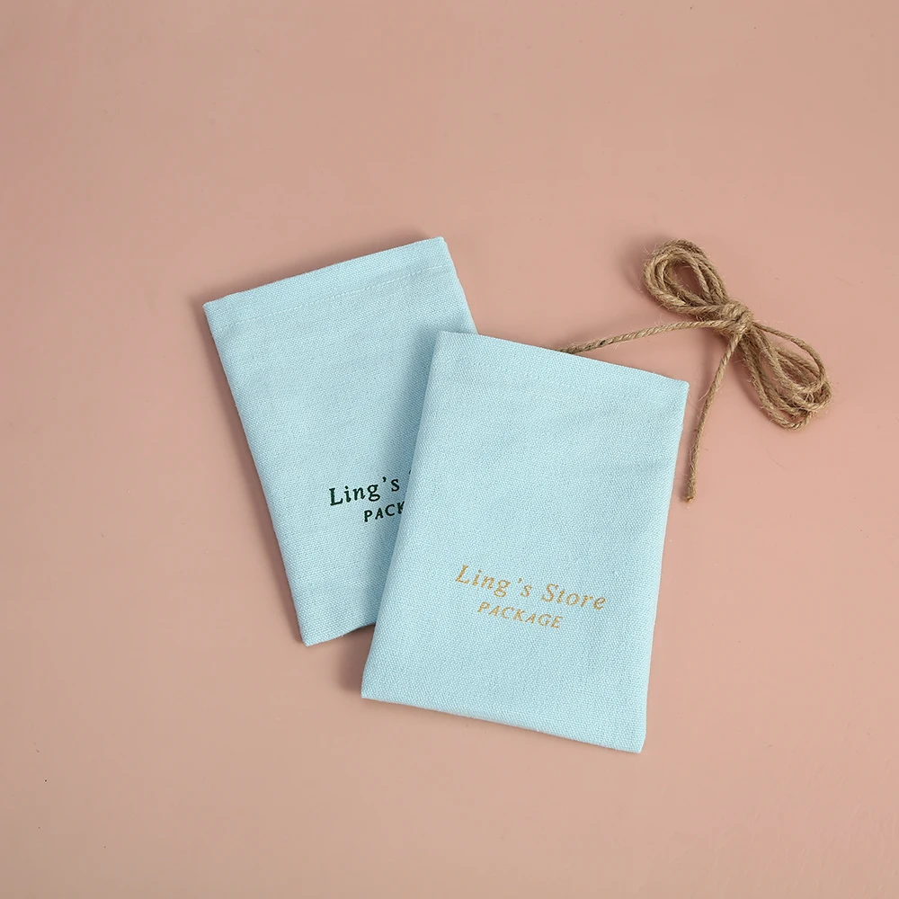 100pcs Blue Cotton Burlap Bucket Jewelry Bag Small Pouch for Wedding Party Gift Candy Bag Custom Logo Jewelry Organizer Packing