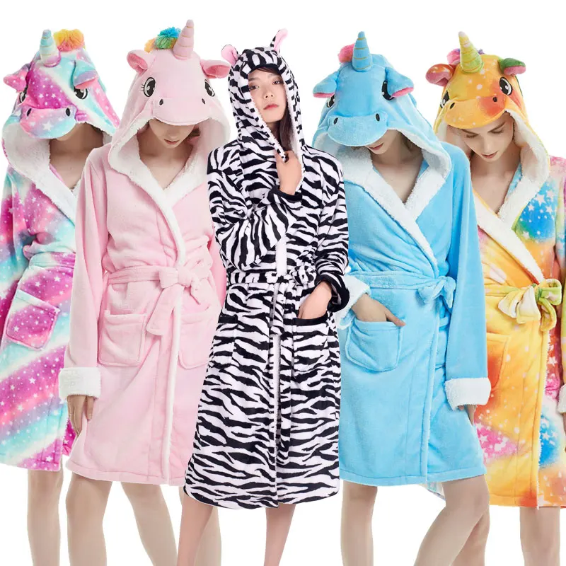 Adults Winter Coral Velvet Hooded Unicorn Robe Women Flannel Dressing Gown Panda Stitch Animal Bath Robes Men's Long Bathrobes