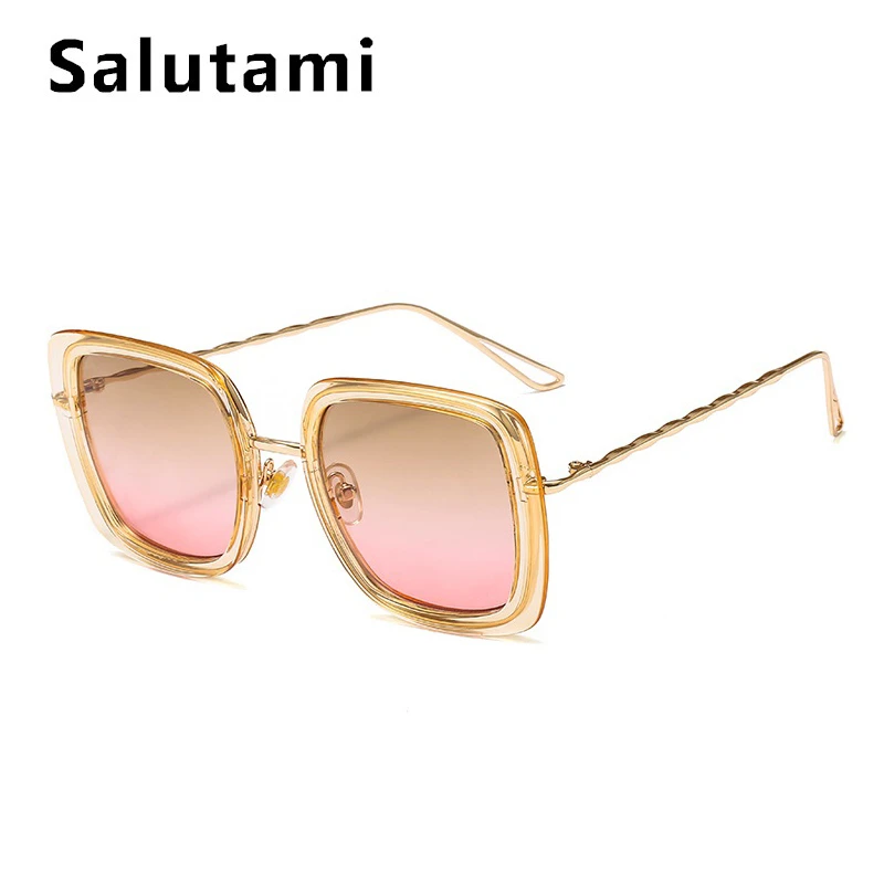 Women Square Sunglasses Luxury Brand Vintage Alloy Metal Slim Frame Eyewear Female Black Brown Gradient Sun Glasses Ins New