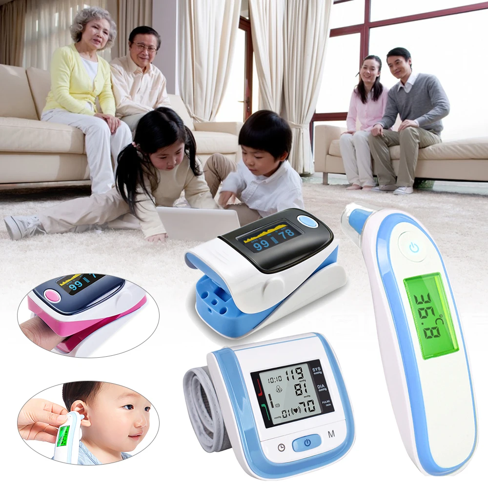 

3pcs/set Ear/Forehead Infrared Thermometer+Arm Blood Pressure Monitor+Finger Pulse Oximeter Sphygmomanometer