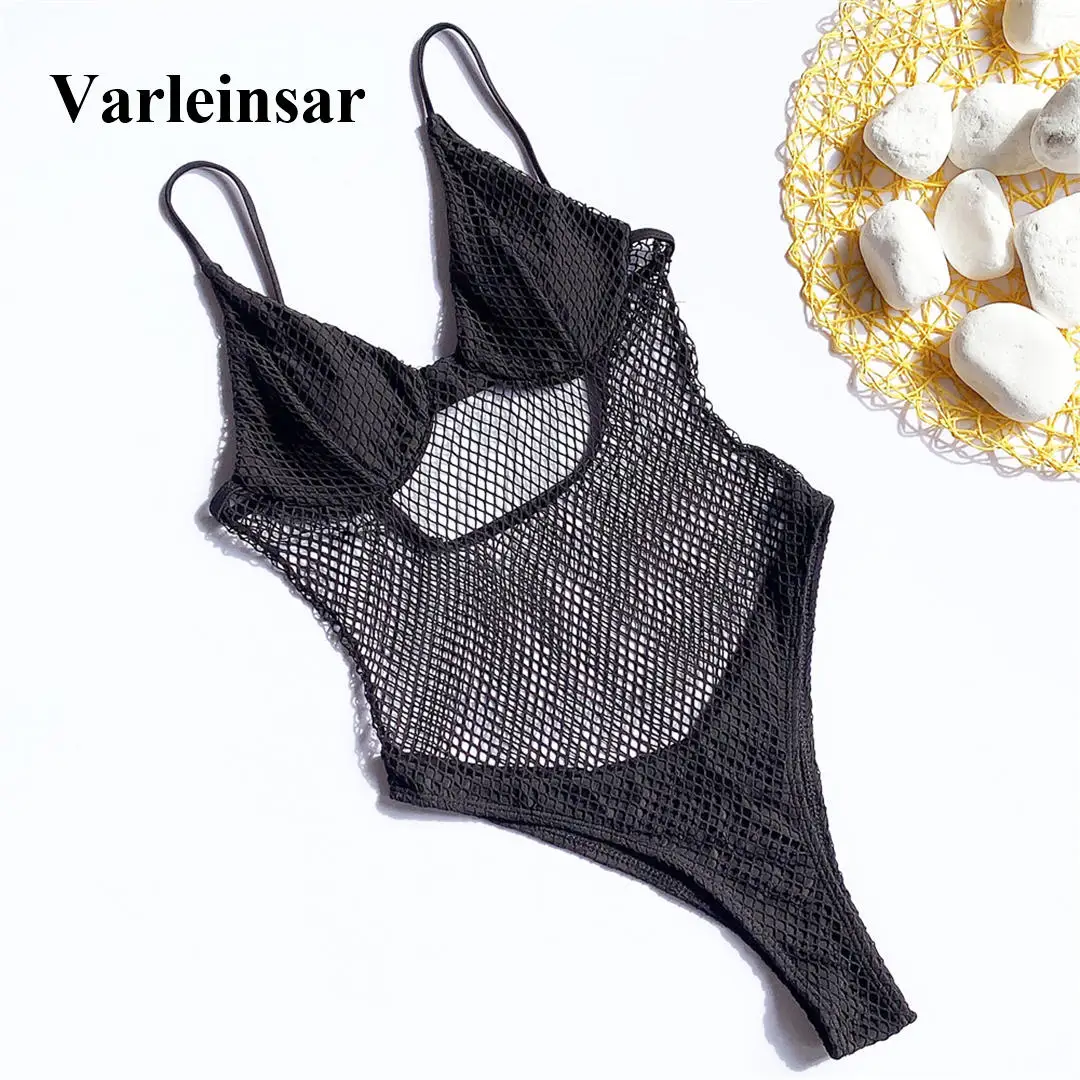 Новинка, черный женский купальник, сексуальный сетчатый Цельный купальник, женский купальный костюм, купальник, боди для женщин V1723