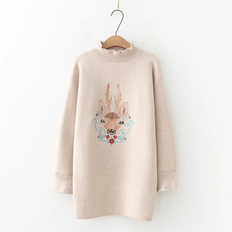 

Deer Embroidered Mid-length Pullover Sweater Women's Autumn And Winter Korean-style High Collar And a Half Thick Base Knitted Ja
