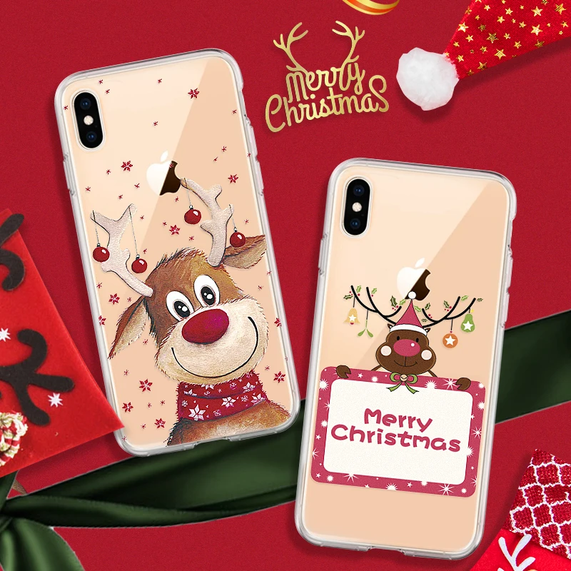 Новогодний Рождественский Подарок Прозрачный чехол для iPhone XR XS Max X милый Санта-Клаус Лось американский Лось мягкий чехол для iPhone 6 6S 7 8 Plus