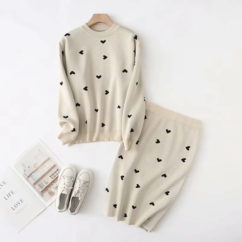 korea chic heart pattern knitted suit women skirt set autumn winter knitted suit 2 piece set sweet top and skirt