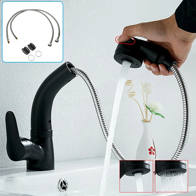 

60cm Brushed Nickel Mixer Faucet Single Hole Pull Out Spout Kitchen Sink Tap Stream Sprayer Head Sprinkler+Hose Rust Resistant