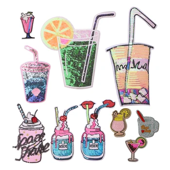 

Cocktail, frozen drink sequin icon Embroidered Iron on Patches for Clothing DIY Stripes Clothes Patchwork Stickers Custom Badge