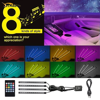 

4 Pcs LED car Ambient light Lamp USB led RGB Neon Lamp Strip Music Voice Decorative Lights car lighting with remote control 2020