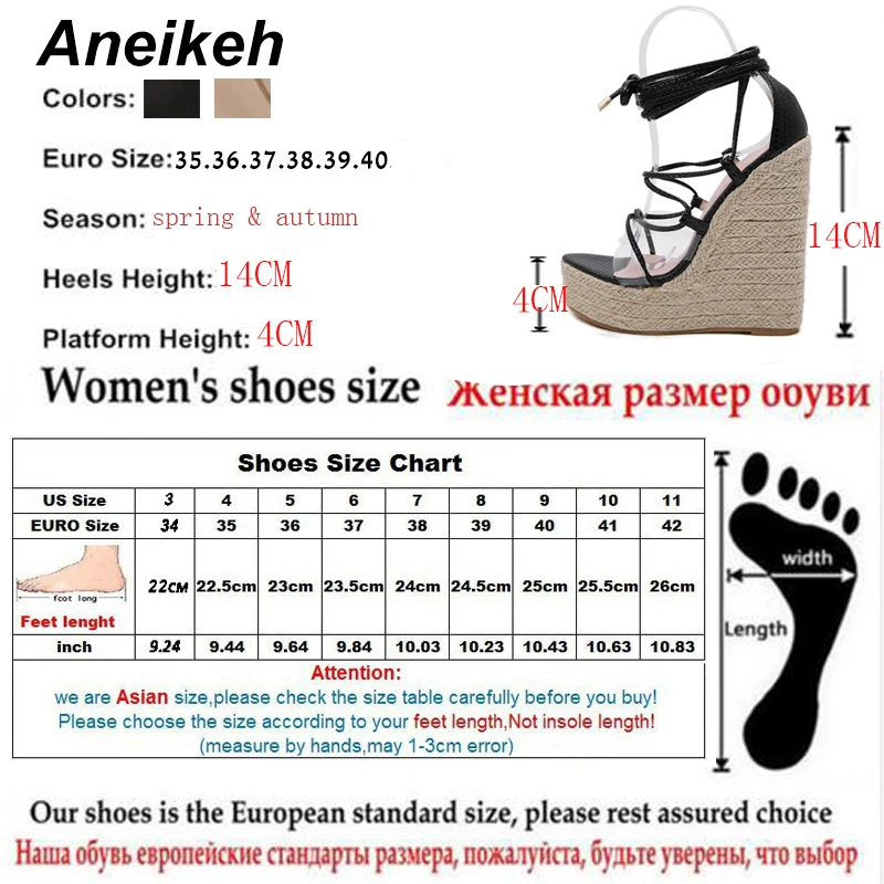 Aneikeh/сандалии из ПВХ для отдыха женские прозрачные сандалии повседневные однотонные вечерние туфли на высокой танкетке со шнуровкой и тонким ремешком; Цвет черный, золотой; Размеры 35-42