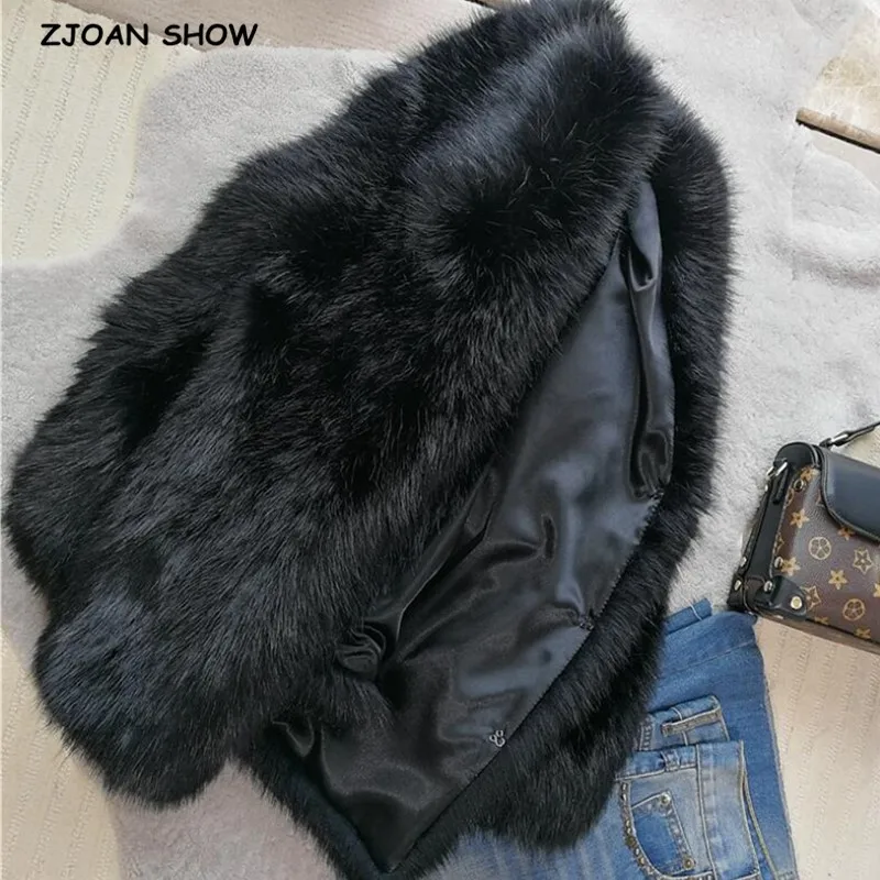 

2019 Winter V neck Hairy Shaggy Black Faux fox Fur Jacket Long sleeve Furry Faux Fur Women Coat Keep Warm Short Outerwear