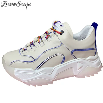 

Leather Laces Women Heel Sneakers Thick Sole Girls Shoes Color Matching Women Casual Sneakers Fashion White Flats Non-slip Shoes