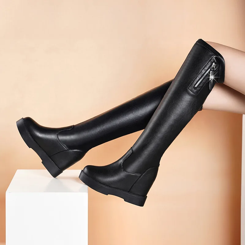 

New Leather Over The Knee Boots Autumn Boots Fashion Platform Height Increasing Long Boots Ladies Shoes Botas Black Female Shoes