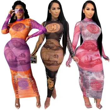 

New Printed Mesh Maxi Beach Dress cover up sexy women see through bikini swimwear bathing suit cover-ups skinny pool party dress