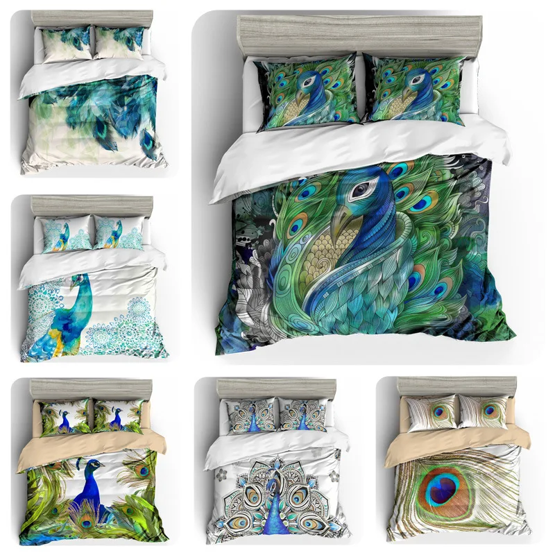

Blue Feather Bedding Set 3D Peacock Duvet Cover Set Drop Shipping US AU Double EU Queen King Full Home Textile 3D Bed Linen Set