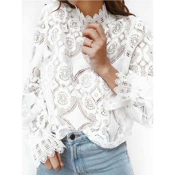 

Elegant Women Lace Floral Hollow Out Tops Office Lady Formal Long Sleeve Turtleneck Fashion T-Shirts Spring Party Club Pullover