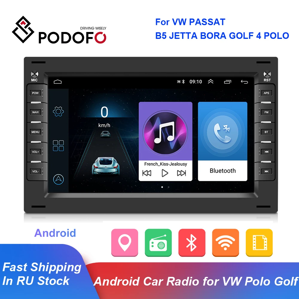 Podofo 2Din Android Car Radio Stereo For VW PASSAT B5 JETTA BORA GOLF 4 POLO MK5 MK4 MK3 T5 Multimedia MP5 Player GPS Navigation