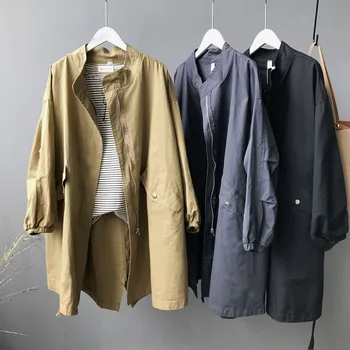 

Women Spring Autumn Mid-long Trench Coat Khaki Loose Casual BF Style Drawstring Washed Cotton Windproof Coats