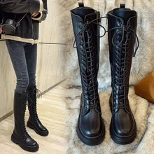 Женские сапоги выше колена с круглым носком; Брендовая женская обувь; зимняя обувь на шнуровке; ботинки на плоской подошве; женские ботинки; Женские Сапоги выше колена