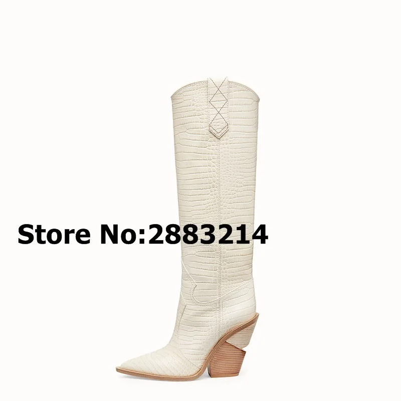 Original Quality Women Unique Heels Pointy Toe Knee High Long Boots Luxury Winter Autumn Motorcycle Boots Shoes Euro Size 34-46