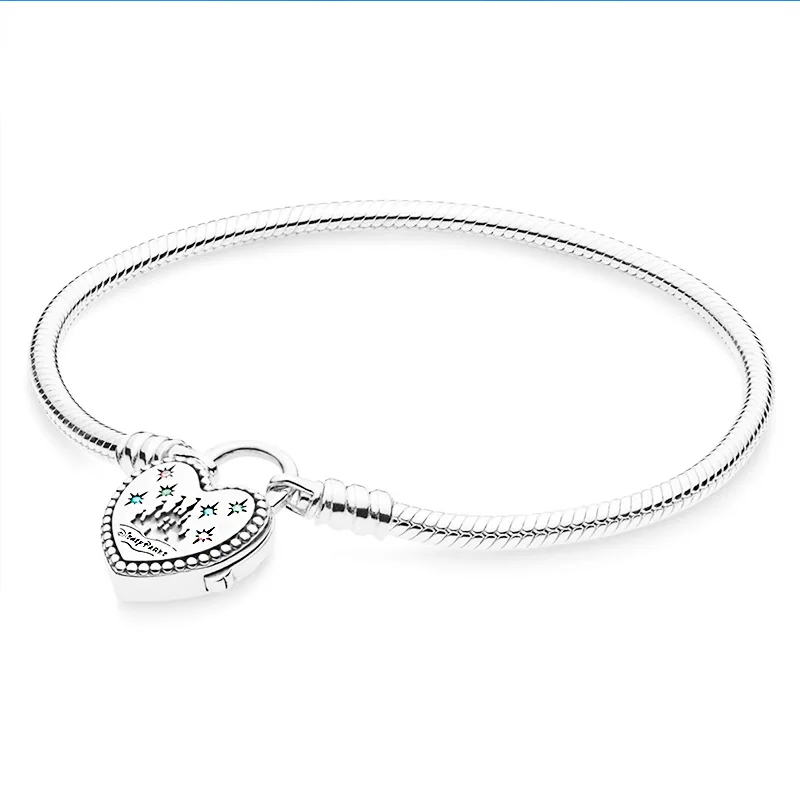 

Genuine 925 Sterling Silver Bracelet World Park Castlel Love Heart Clasp Snake Bangle Fit Women Bead Charm Fashion Jewelry